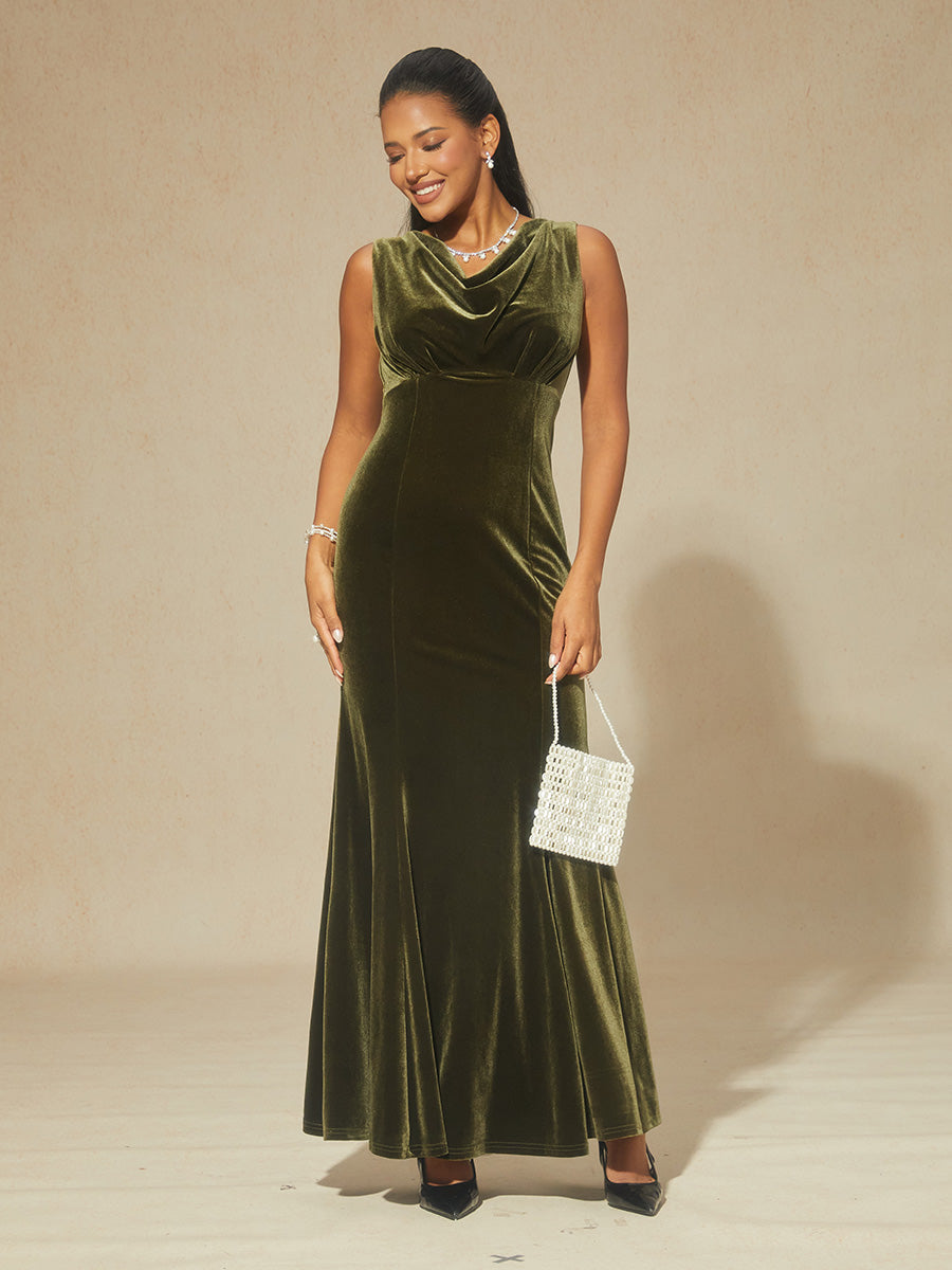High-Stretch Velvet Sleeveless Midi Dress with Cowl Neck