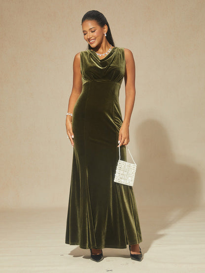 High-Stretch Velvet Sleeveless Midi Dress with Cowl Neck