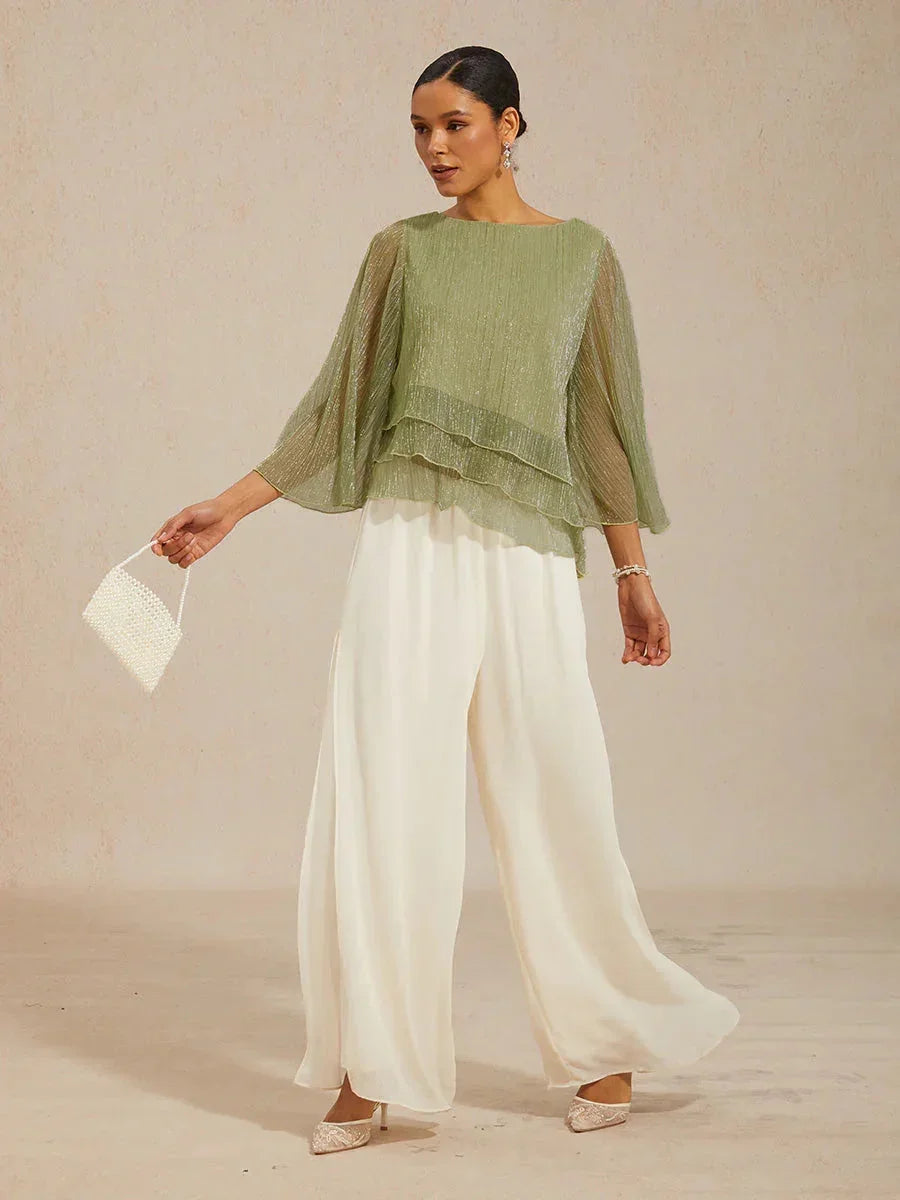 Metallic Pleated Chiffon Asymmetrical Layered Blouse