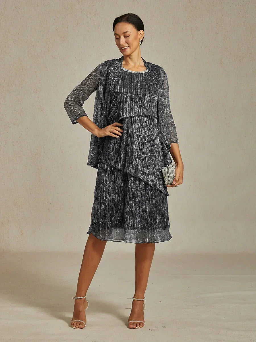 Metallic Pleated Chiffon Long Jacket Dress