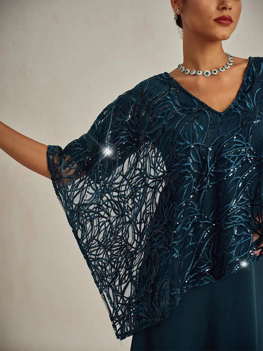 Robe superposée à paillettes, longueur genou, col en V