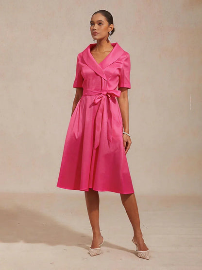 Collar Stretch Taffeta Dress with Tie Waist Belt