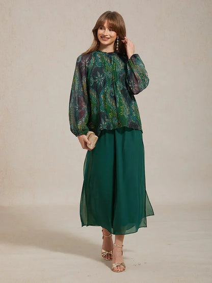 Paisley Chiffon Peasant Blouse with Long Lantern Sleeves