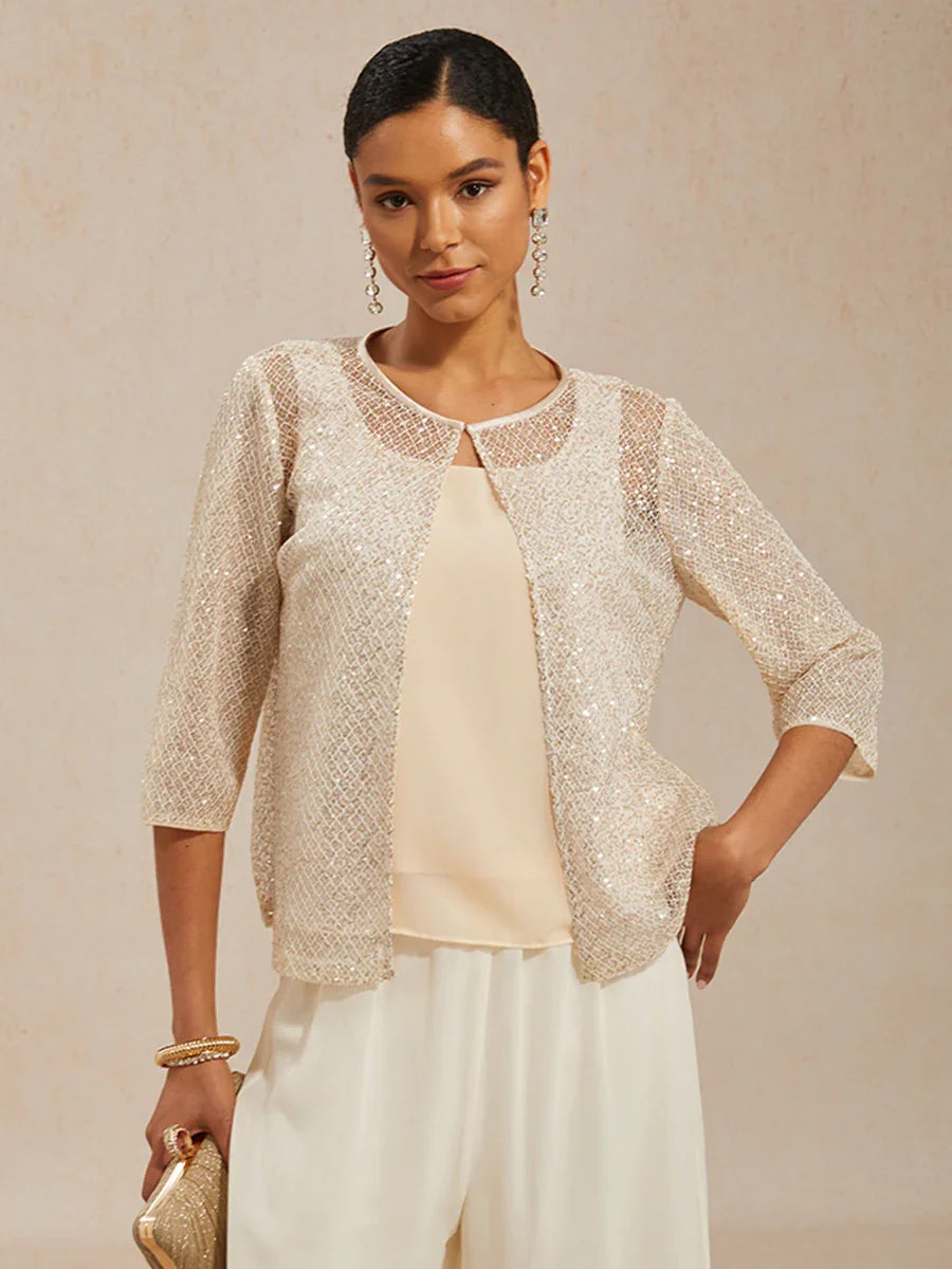 Twinset aus Pailletten-Mesh mit Rundhals und 3/4-Ärmeln