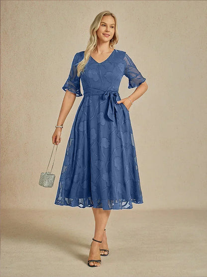 Robe Midi en Dentelle à Volants avec Poches