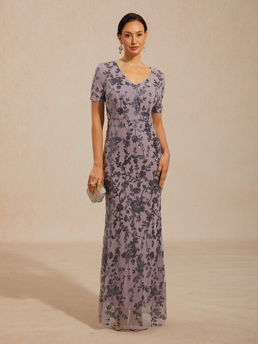 Floral Sequin Stretch Mesh Short Sleeve Dress