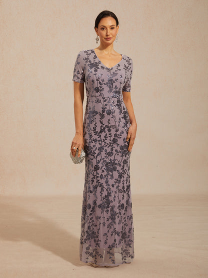 Floral Sequin Stretch Mesh Short Sleeve Dress