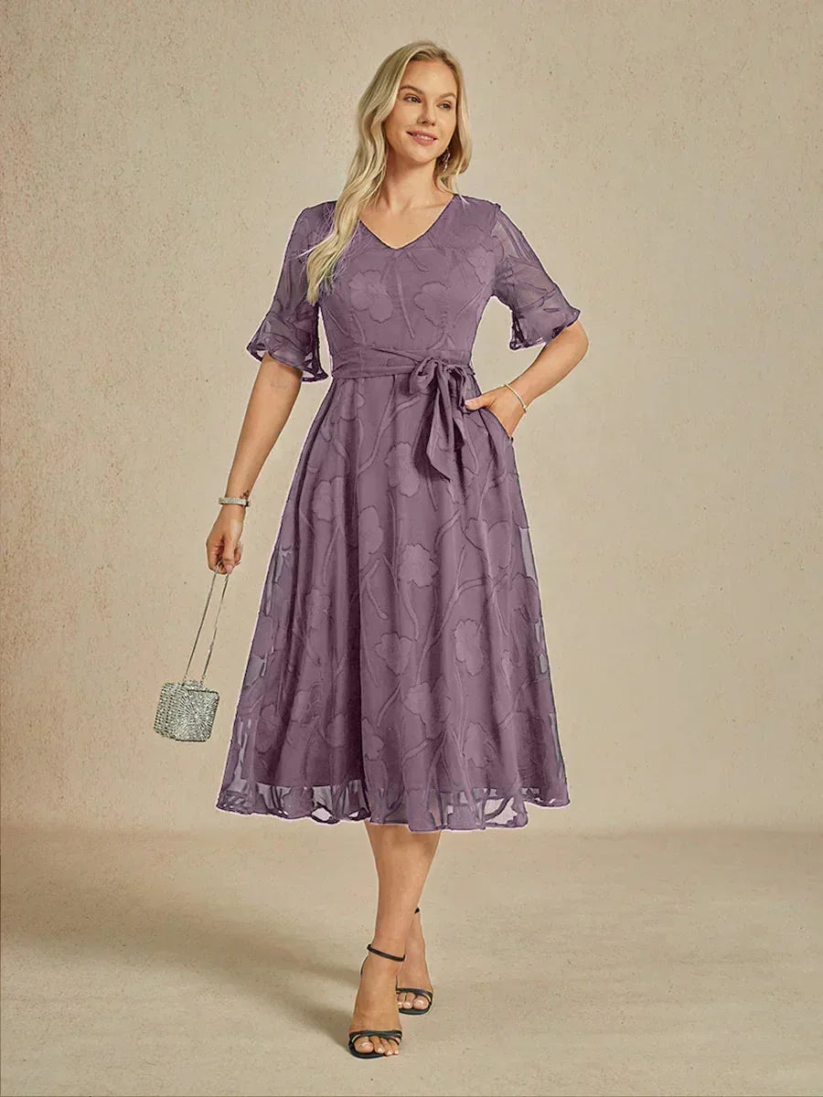 Ruffle Flutter Lace Midi Dress with Pockets