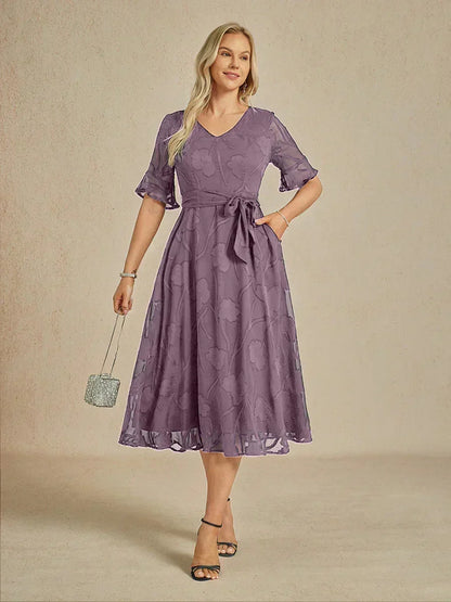 Ruffle Flutter Lace Midi Dress with Pockets