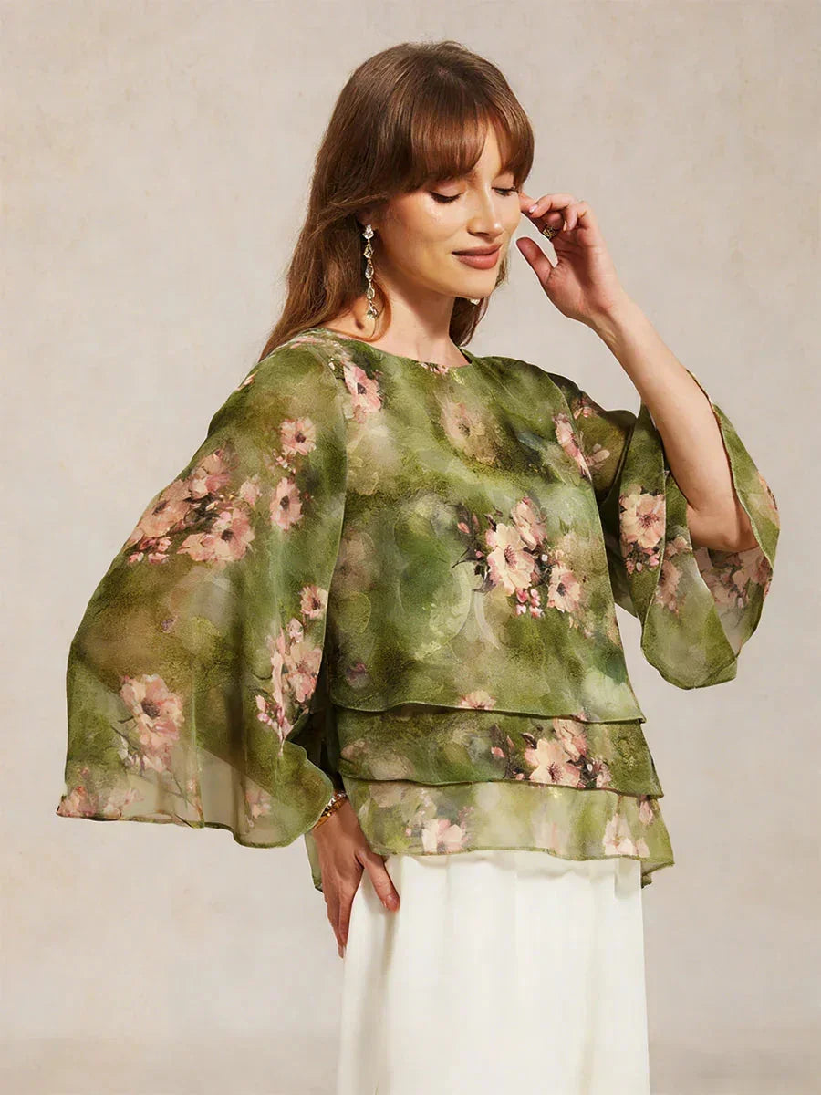 Lace Chiffon Layered Blouse with Floral Print