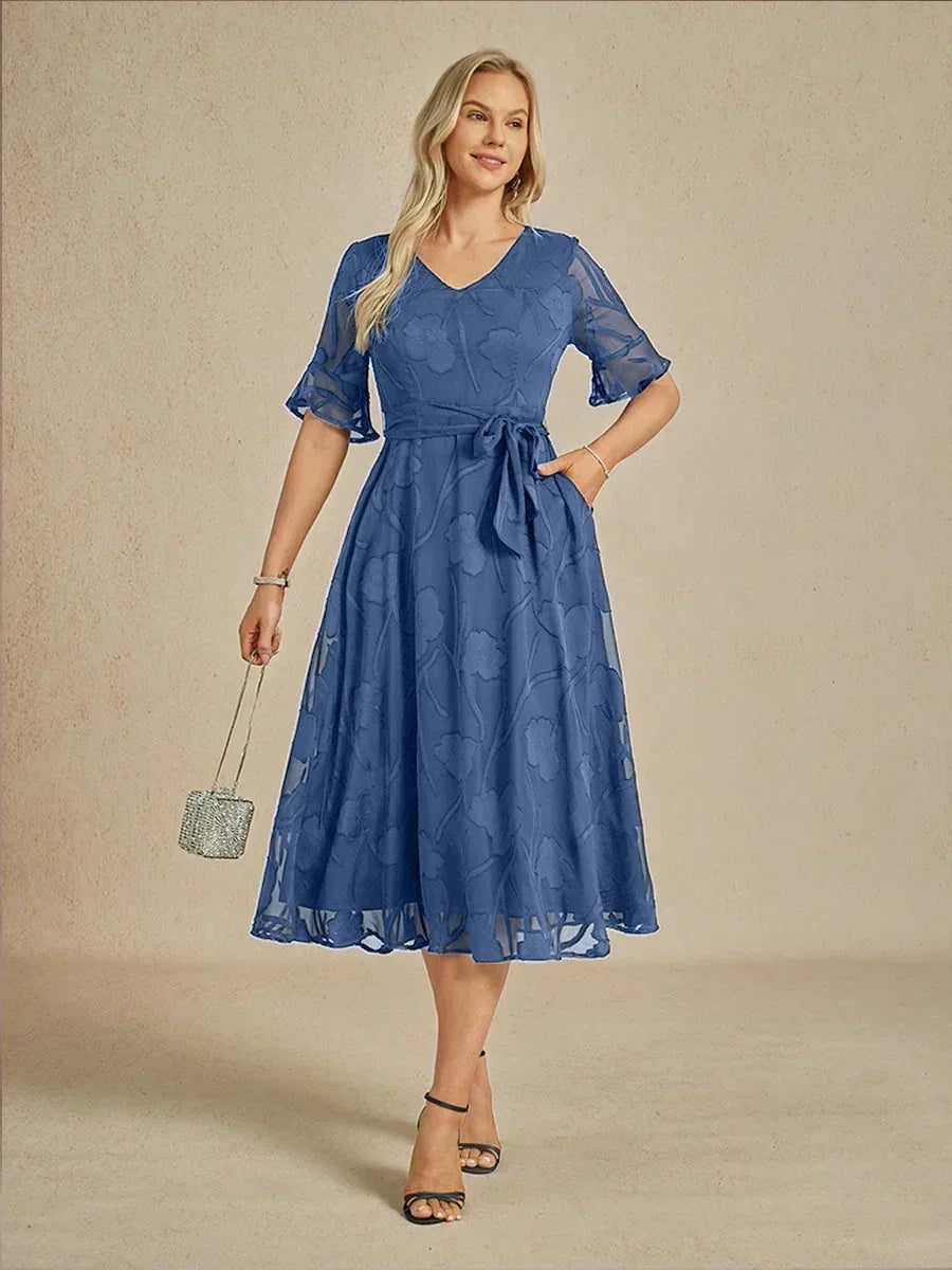 Ruffle Flutter Lace Midi Dress with Pockets