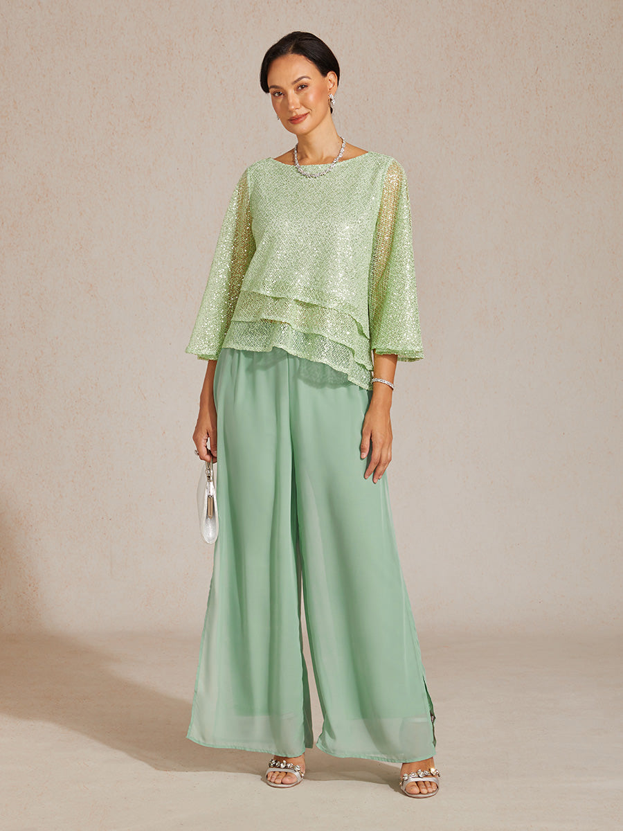 Haut Superposé en Mesh à Manches Cloche et Sequins