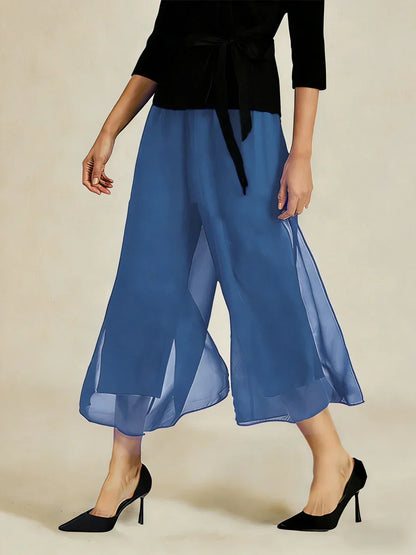 Cropped Length Straight Leg Pant With Chiffon Split Leg Overlay