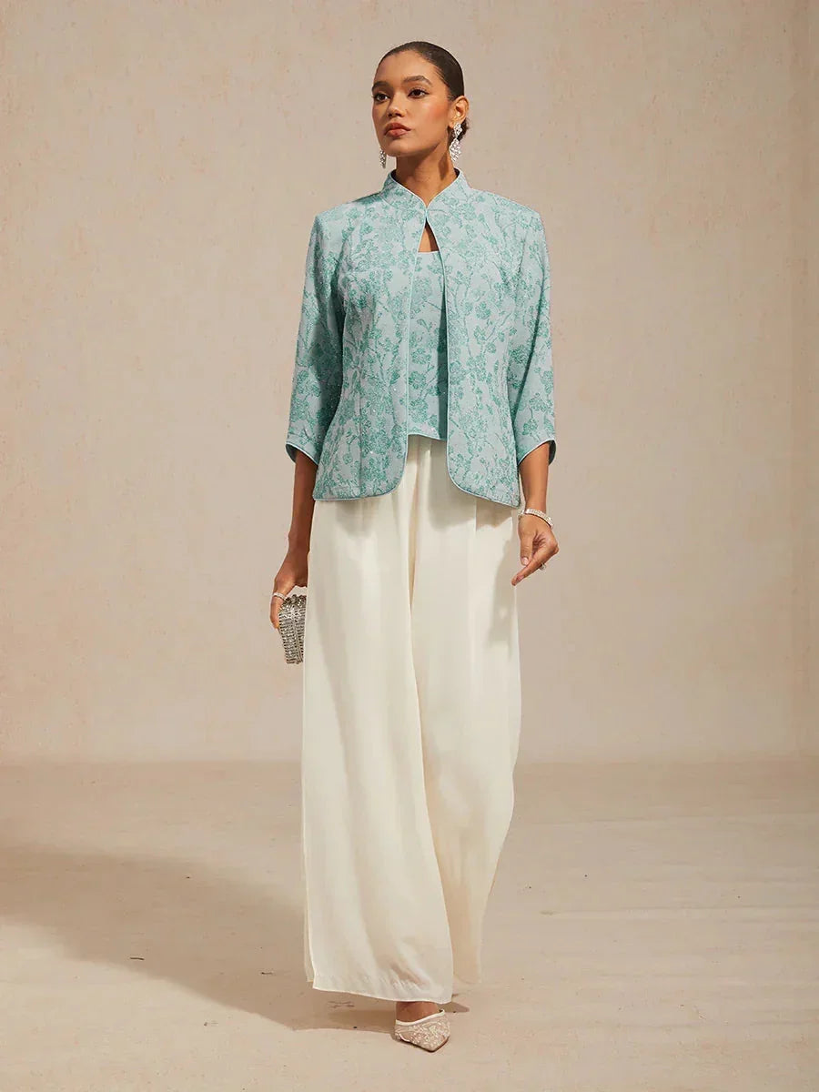 Floral Knit Jacquard Mandarin Collar Twinset