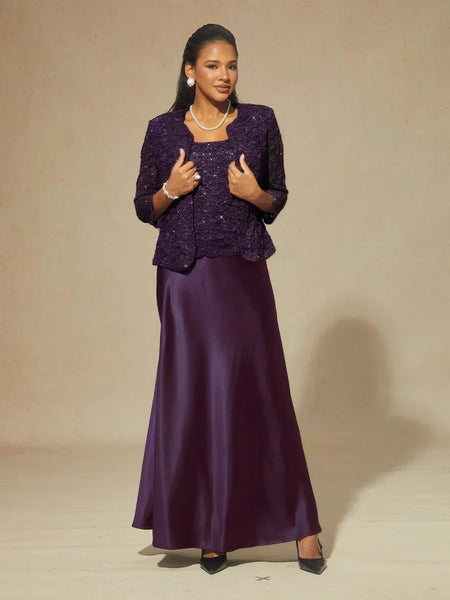 sachin and babi light blue dress 1970s Joy Stevens Tyrian Purple Draped Knit Evening Dress with Jacket main image 0