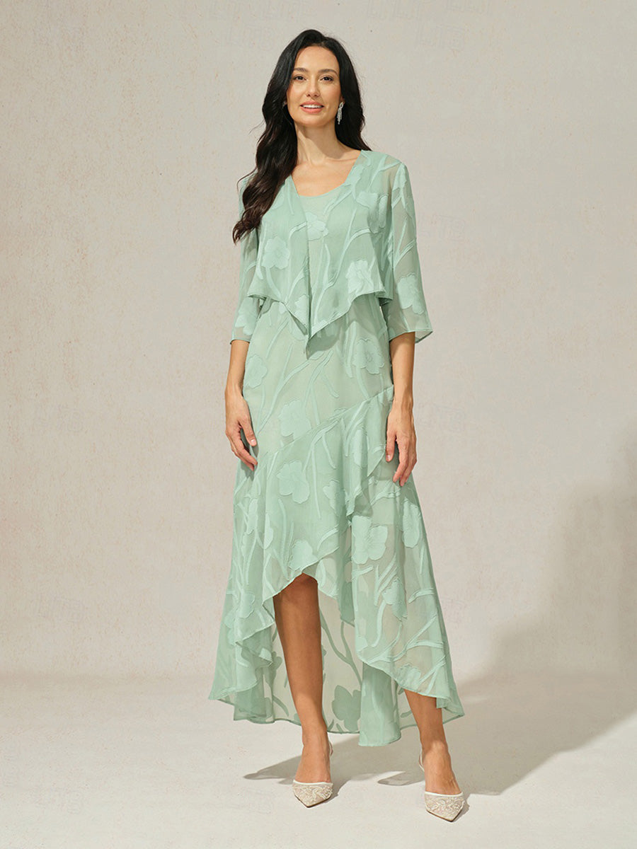 Navy Floral Chiffon Evening Gown with Asymmetrical Hem