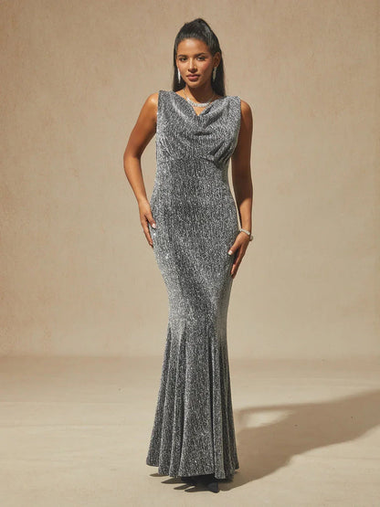 High-Stretch Velvet Sleeveless Midi Dress with Cowl Neck