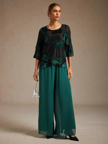 Lace Straight Leg Pant With Chiffon Split Leg Overlay