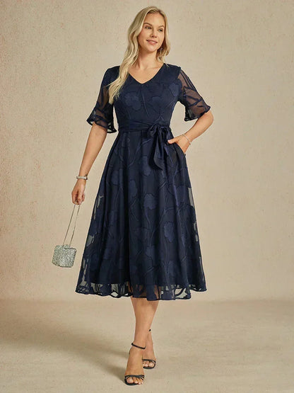 Ruffle Flutter Lace Midi Dress with Pockets