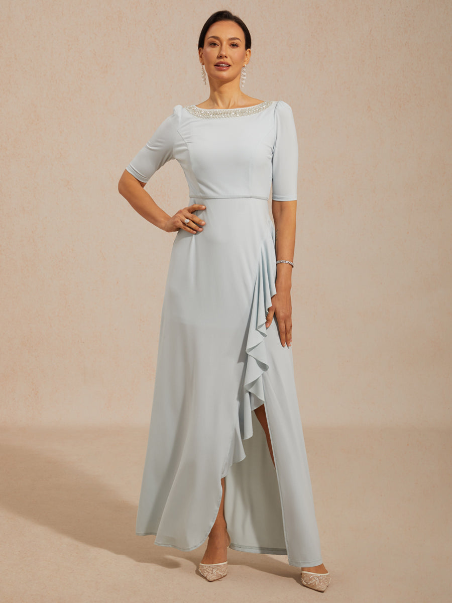 Boat Neck Ruffle A-Line Maxi Dress with Rhinestone Neck Detail