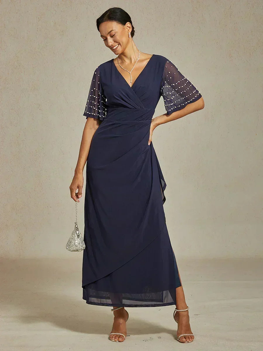 Chiffon Long Evening Dresses Purple Black Red Long Gown V Neck Asymmetric Short Sleeve Formal Modest Classic 60 Year Old Woman, Navy Blue / S