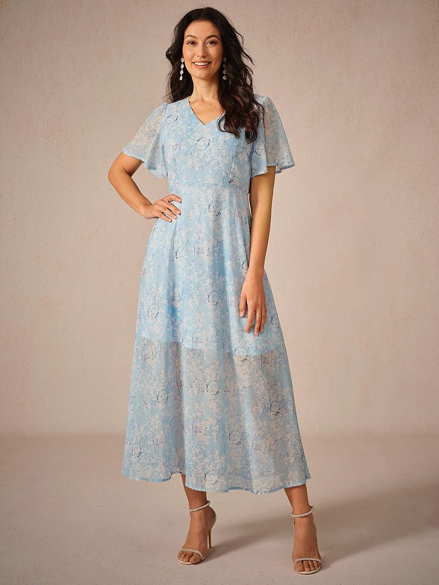 Floral Chiffon A Line Ruffle Sleeve Dress-S16651219