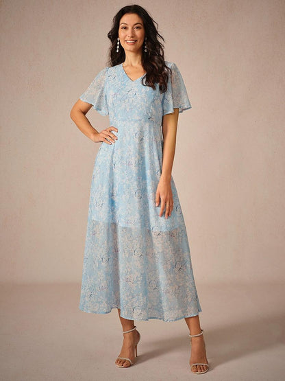 Floral Chiffon A Line Ruffle Sleeve Dress-S16651219