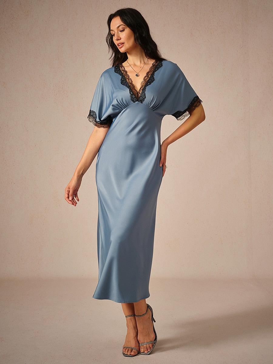 Satin-Lace-Trim-V-Neck-Dusty-Blue-Dress-Blue-S16484428