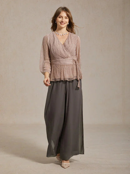 Metallic Pleated Chiffon Evening Wrap Top