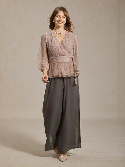 Metallic Pleated Chiffon Evening Wrap Top