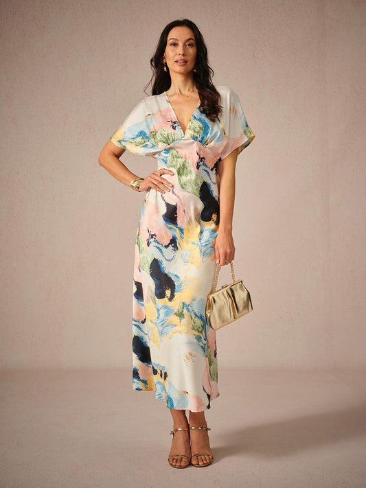 Satin Tie Dye Marble Print Maxi Dress