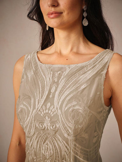 Robe sans manches à col bateau en dentelle brodée 