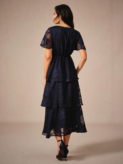 Lace V Neck Ruffle Layered  Flutter Dress