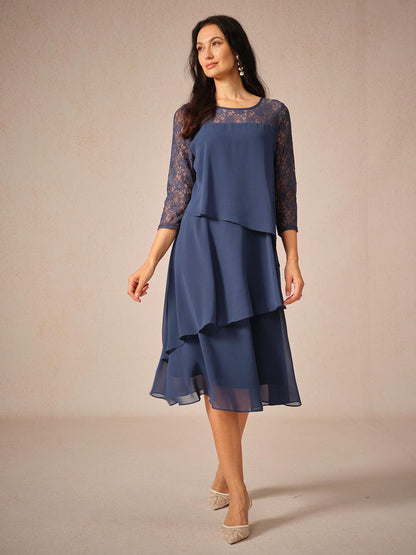 Spitzen-Chiffonkleid mit 3/4-Ärmeln
