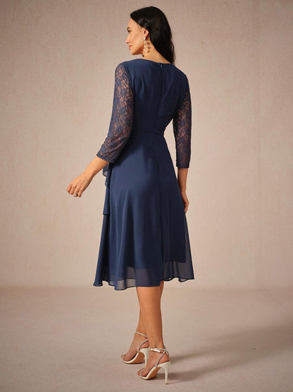 Lace Tiered Chiffon 3/4 Length Sleeve Dress