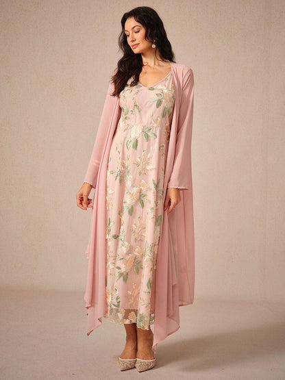 Ensemble robe en mousseline de soie et dentelle brodée