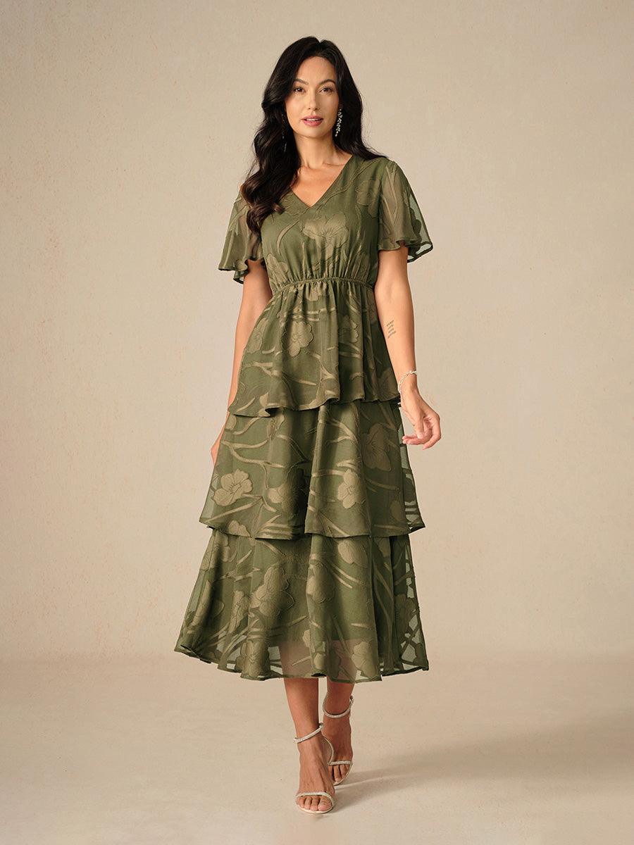 Lace V Neck Ruffle Layered  Flutter Dress