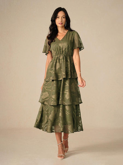 Lace V Neck Ruffle Layered  Flutter Dress