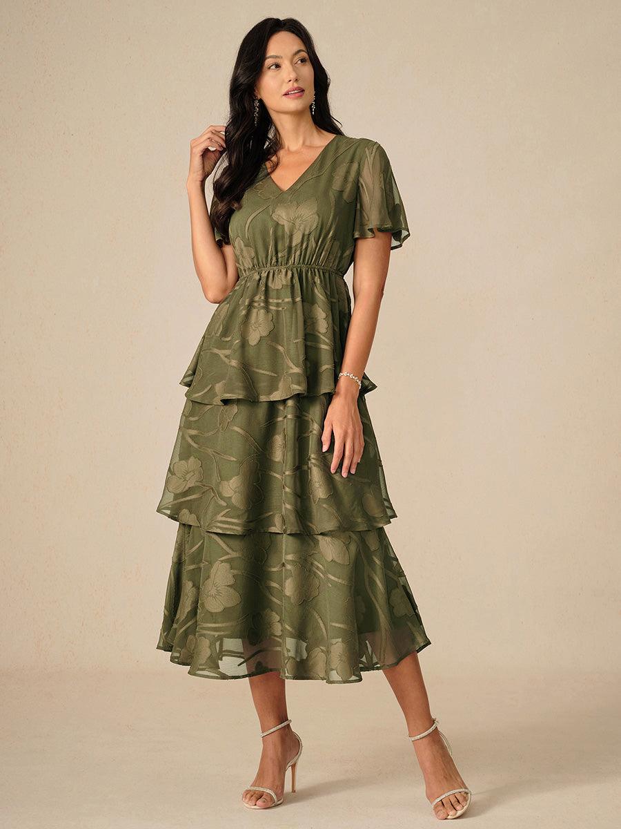 Lace V Neck Ruffle Layered  Flutter Dress