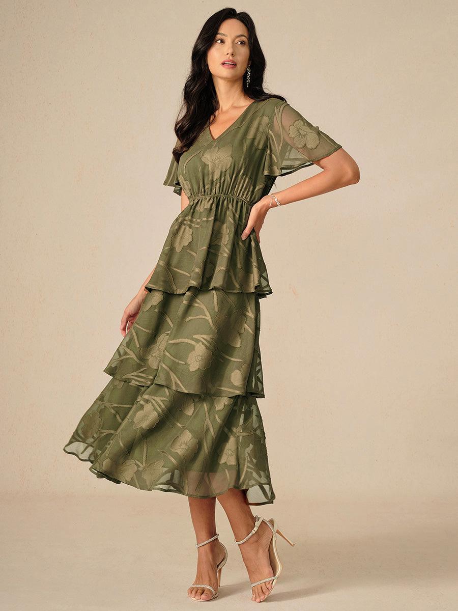 Lace V Neck Ruffle Layered  Flutter Dress