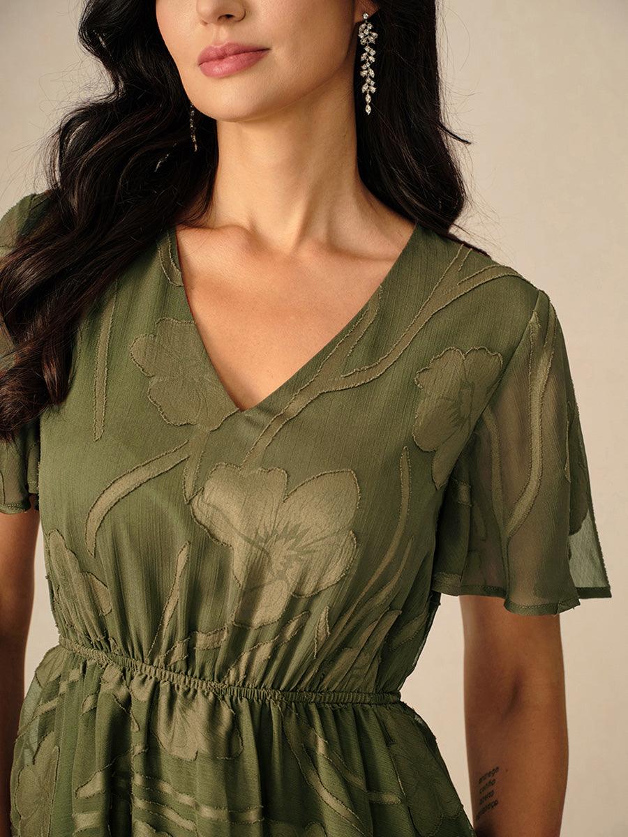 Lace V Neck Ruffle Layered  Flutter Dress