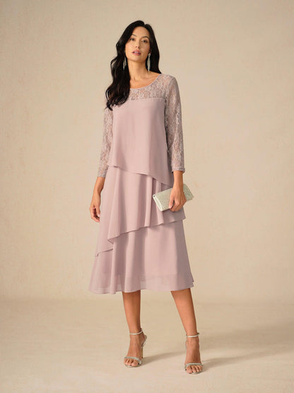 Lace Tiered Chiffon 3/4 Length Sleeve Dress