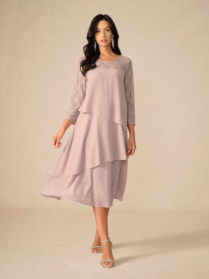 Lace Tiered Chiffon 3/4 Length Sleeve Dress