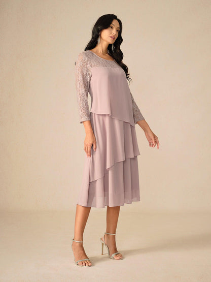Chiffonkleid mit 3/4-Ärmeln und Stufenmuster aus Spitze