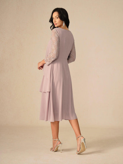 Lace Tiered Chiffon 3/4 Length Sleeve Dress