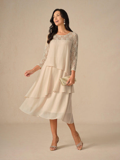 Chiffonkleid mit 3/4-Ärmeln und Stufenmuster aus Spitze