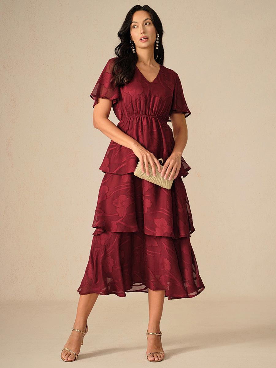 Lace V Neck Ruffle Layered  Flutter Dress