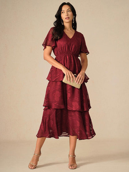 Lace V Neck Ruffle Layered  Flutter Dress