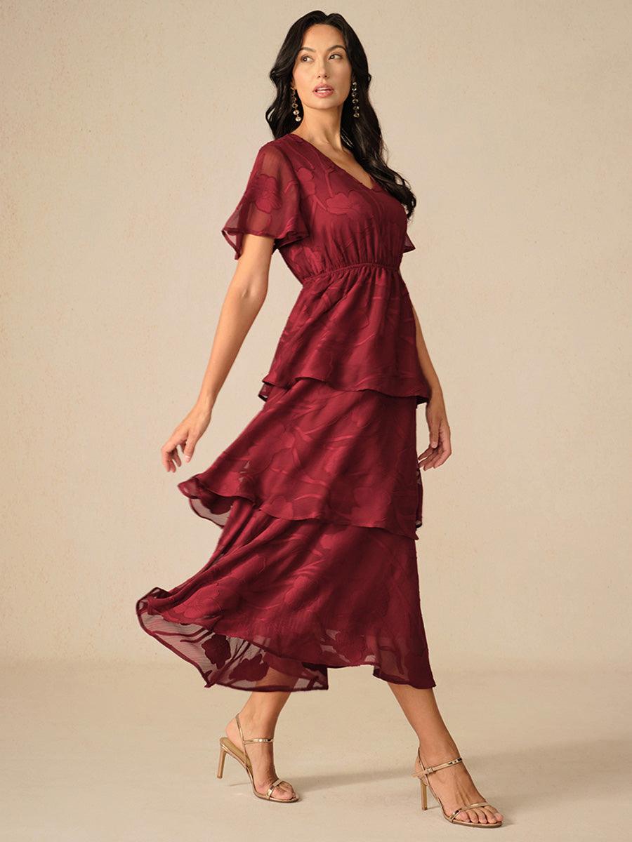 Lace V Neck Ruffle Layered  Flutter Dress