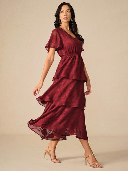 Lace V Neck Ruffle Layered  Flutter Dress